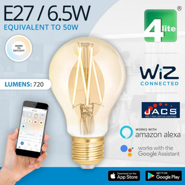 4Lite Wiz Connected 6.5W E27 LED Smart Filament Bulb | Tuneable White & Dimmable - Choice Stores