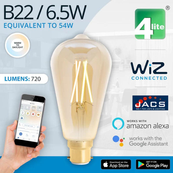 4Lite Wiz Connected 6.5W ST64 LED Smart Filament Bulb B22 | Tuneable White & Dimmable - Choice Stores