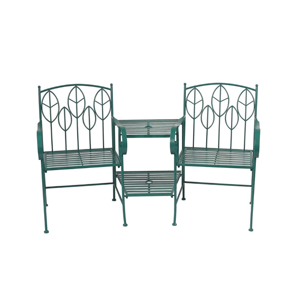 Vintage Leafy Teal Garden Love Seat with Table | 156 x 66 x 89 cm