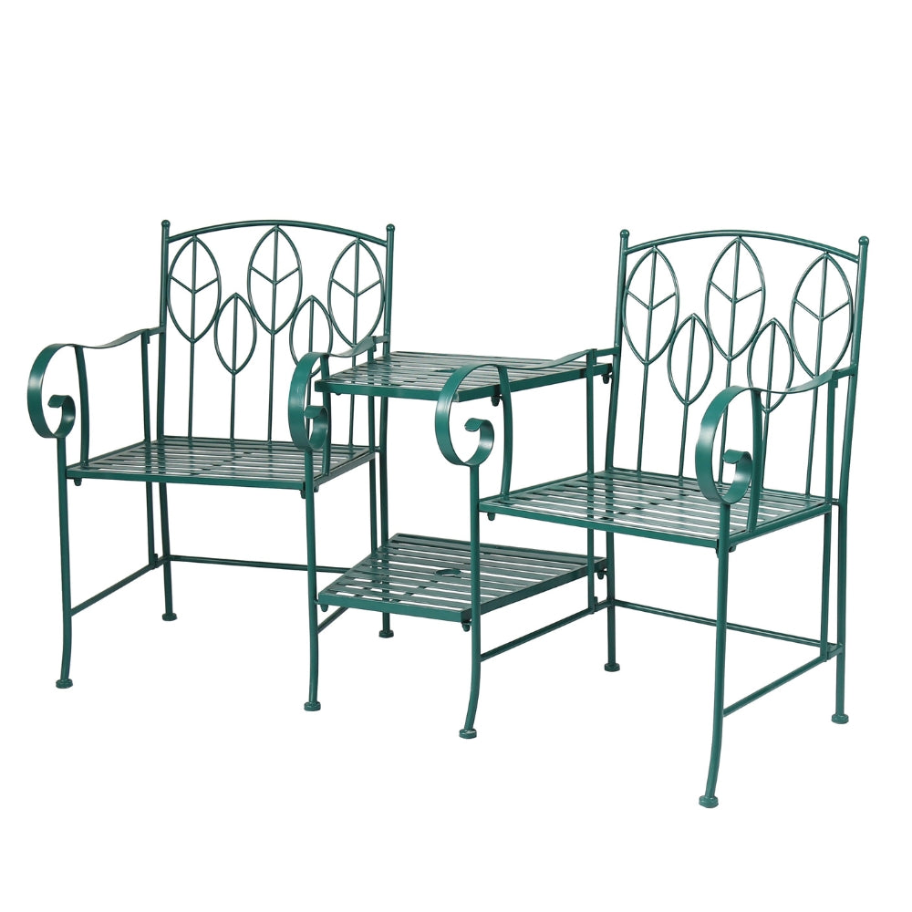 Vintage Leafy Teal Garden Love Seat with Table | 156 x 66 x 89 cm