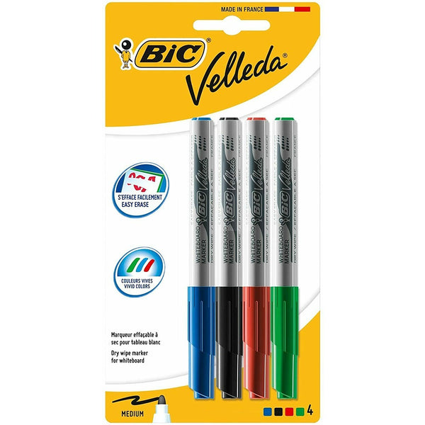 BIC Velleda Easy Erase Whiteboard Markers | Pack of 4, Vibrant Colours