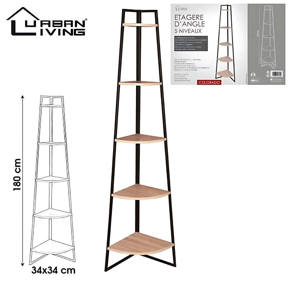 Urban Living 5 Tier Corner Shelf Unit | Dark Metal and Wood | 34x34 cm Per Shelf