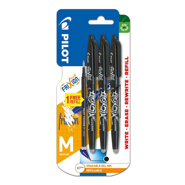 Pilot Frixion Erasable Gel Ink Pens | Black Medium 0.7mm | Pack of 3