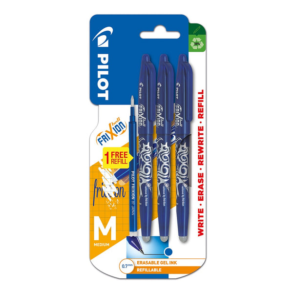 Pilot Frixion Erasable Gel Ink Pens | Blue Medium Point 0.7mm | Pack of 3 with Free Refill