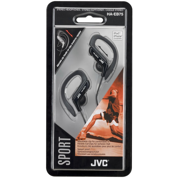 JVC Black Sports In-Ear Headphones | Adjustable Ear Clips & Splash Proof