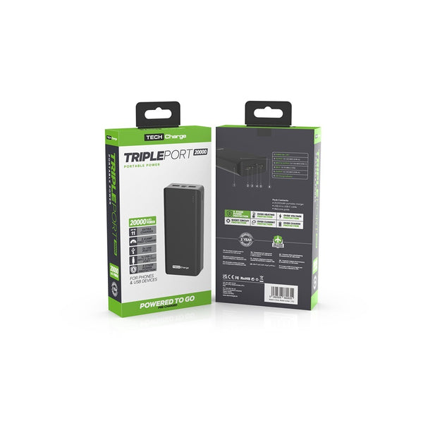 TechCharge Triple Port Power Bank | 20,000mAh