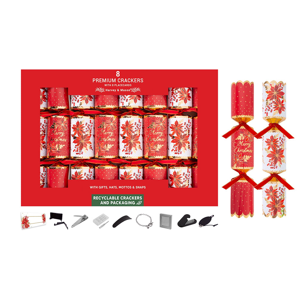 Harvey & Mason Premium Red Poinsettia Christmas Crackers | Pack of 8