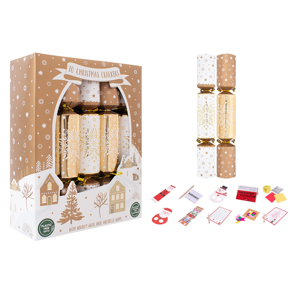 Gold & White Snowflake Christmas Crackers | Pack of 10