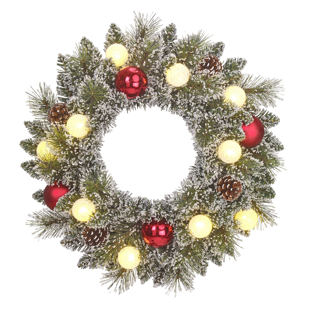 Kaprun Green Frosted Wreath with Red Baubles | 45cm