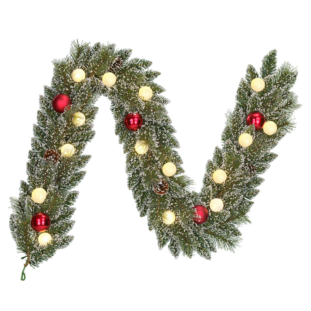 Kaprun Green Frosted Garland with Red Baubles | 180cm