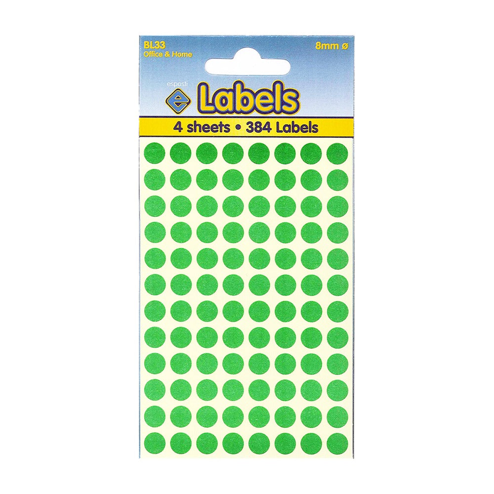 Esposti Bright Green Adhesive Labels | 8mm Round Dots | Pack of 4