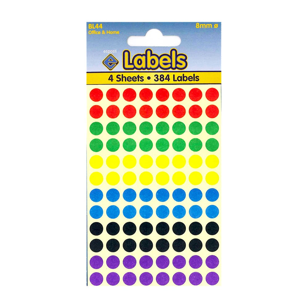 Esposti Coloured Labels Assorted Dots | 8mm, 384 Labels | Pack of 4