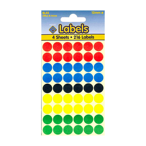 Esposti Vibrant Coloured Adhesive Labels | 12mm, 216 Labels | Pack of 4