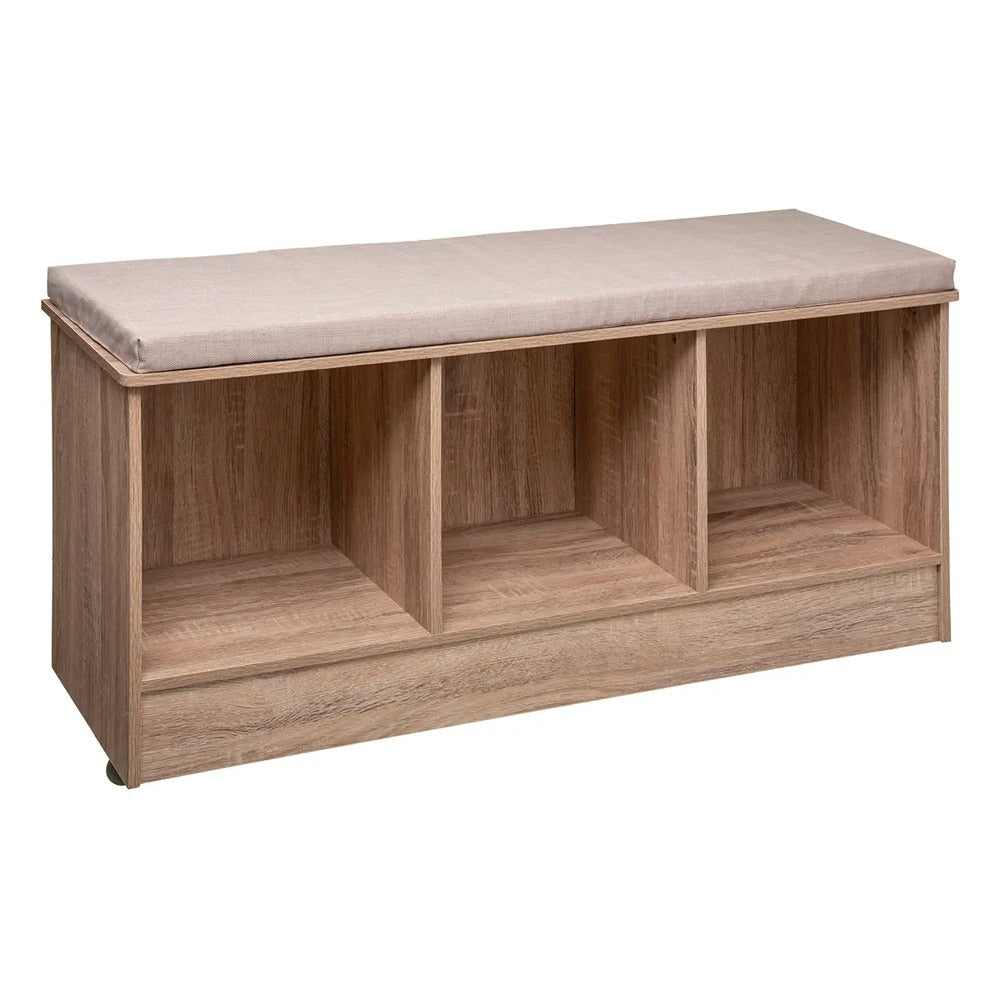 5FIVE Natural Wood Storage Bench with Cushioned Seat | Three Open Compartments