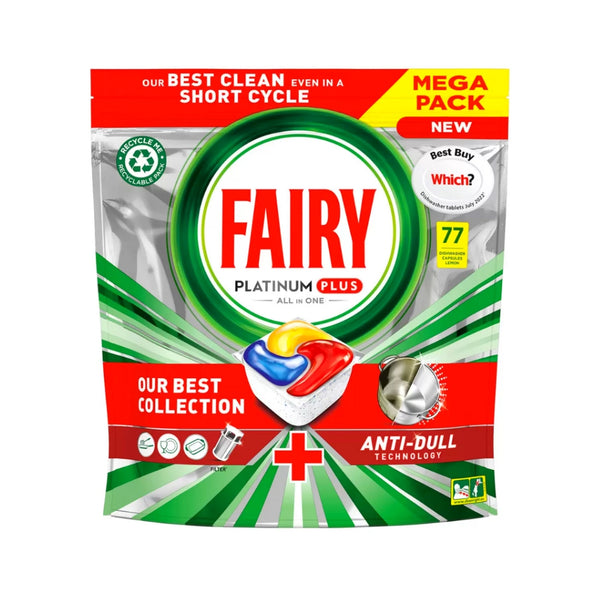 Fairy Platinum Plus All In 1 Dishwasher Tabs | Lemon Scent | Pack of 77