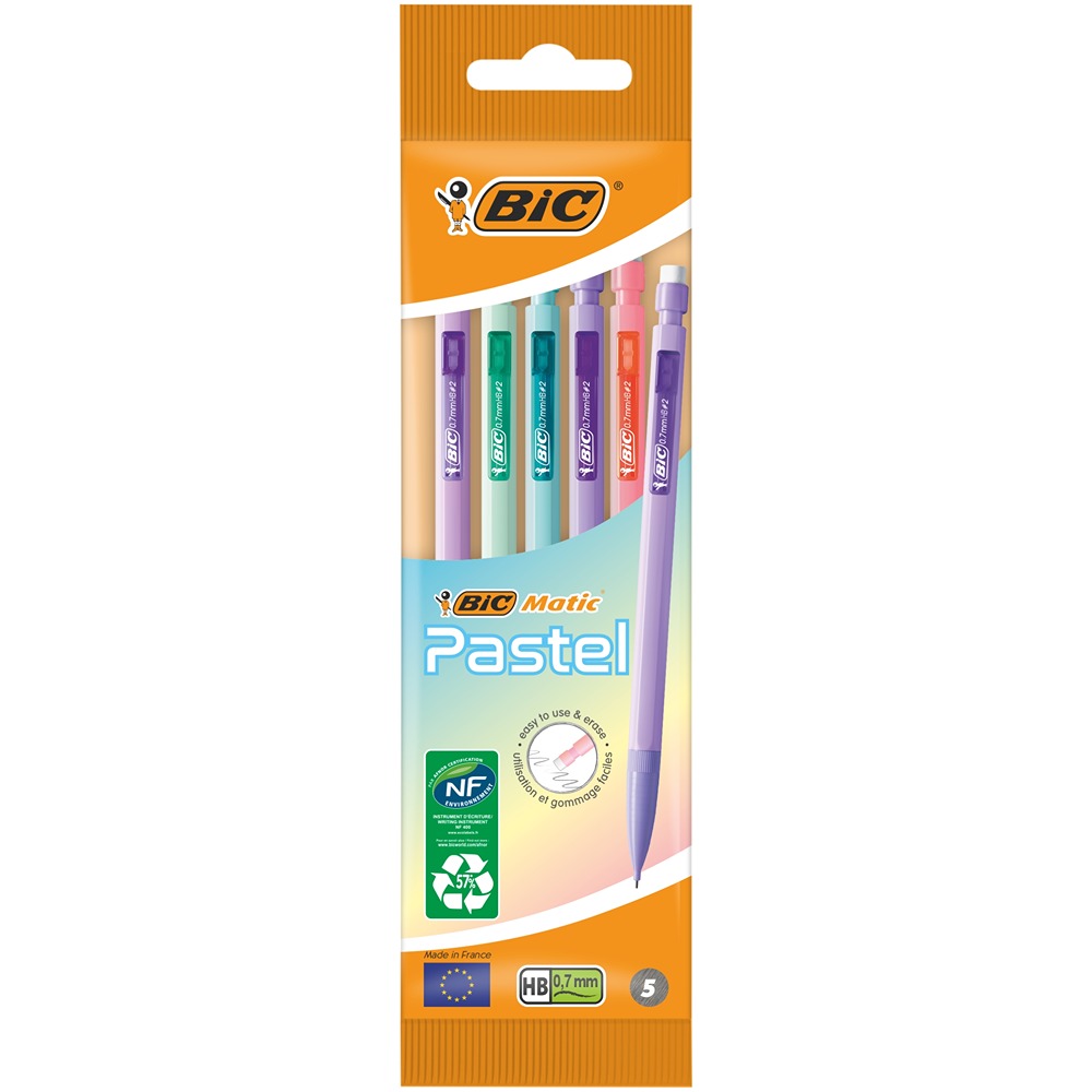 BIC Matic Pastel Mechanical Pencils | 5 Pack, 0.7mm HB Lead, 57% Recycled Materials