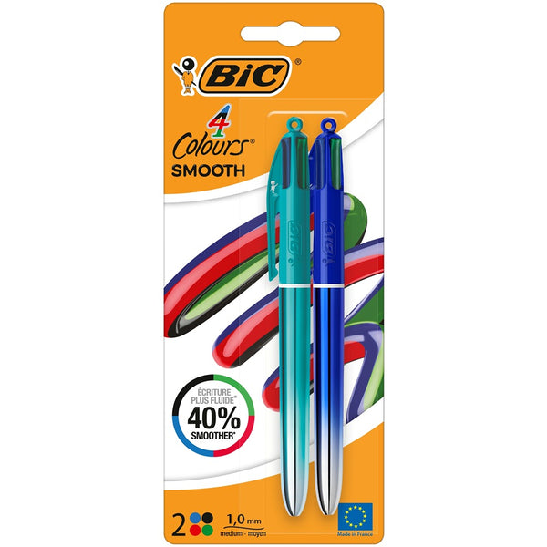 BIC 4 Colours Smooth Pens | 2 Pack | Medium Point