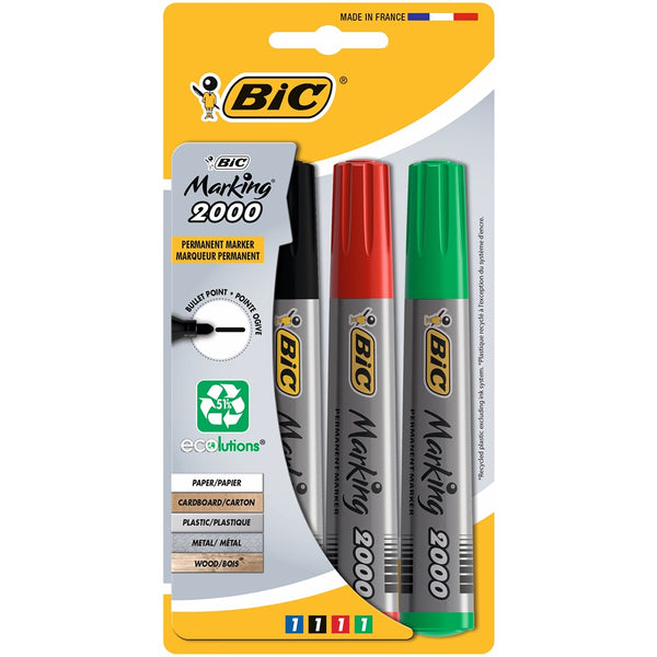 BIC Eco2000 Permanent Markers | Vibrant Colours, Durable Bullet Point, 51% Recycled Materials | Made in France