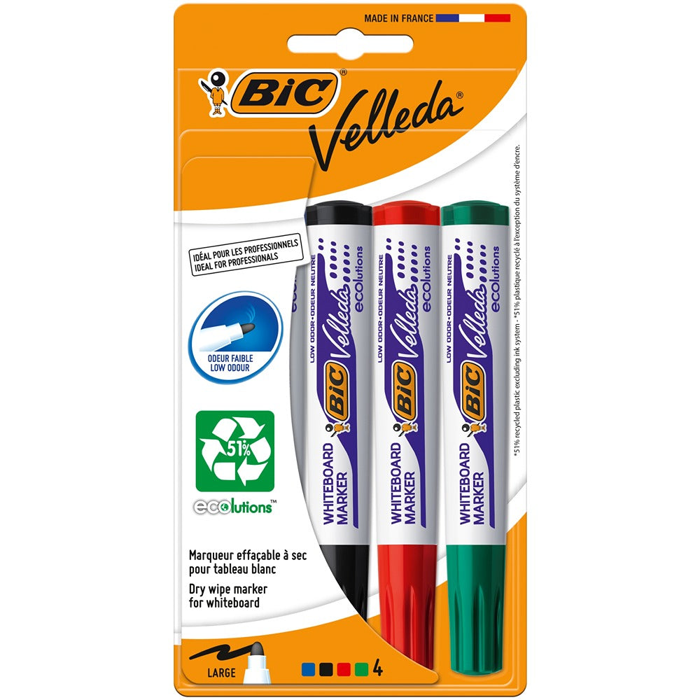 BIC Vellada Dry Wipe Markers | Pack of 4 | Low-Odour & Eco-Friendly