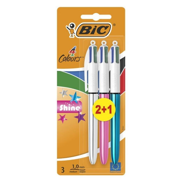 Bic 4 Colours Shine Retractable Ballpoint Pen | Pack Of 3 - Choice Stores