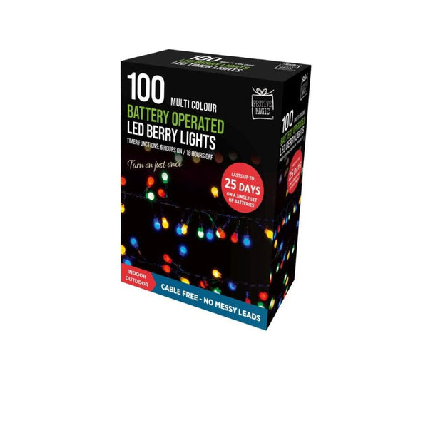 Festive Magic 100 Multicoloured Battery Operated LED Berry Christmas Lights | 8 Functions - Choice Stores