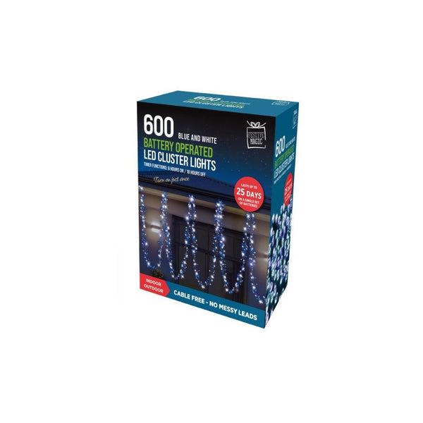 Festive Magic 600 White Blue Battery Powered LED Cluster Christmas Lights | 8 Functions - Choice Stores