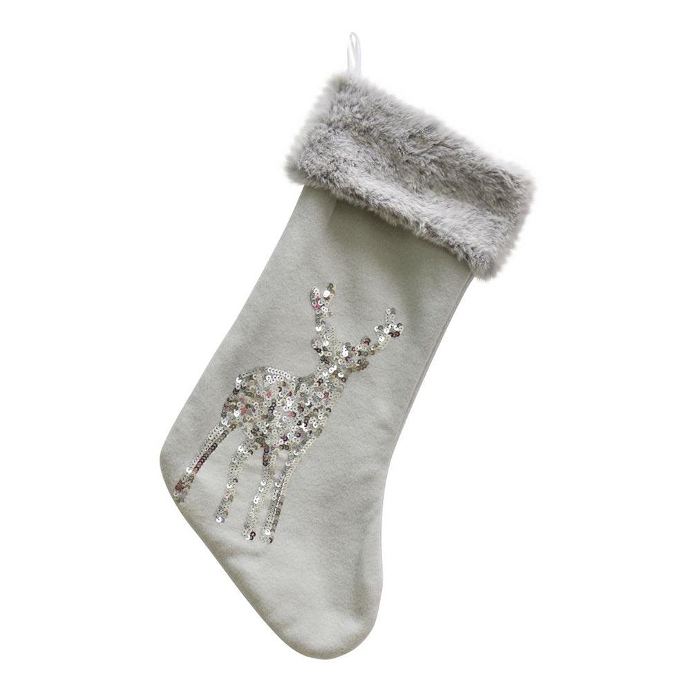 Festive Magic Fleece Silver Sequin Reindeer Stocking | 50cm - Choice Stores