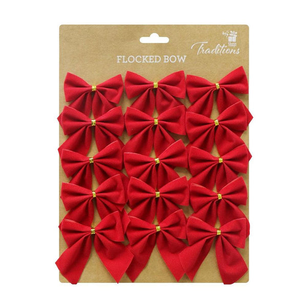 Festive Magic Mini Red Flocked Bows with Gold Metallic Ties | Pack of 15 - Choice Stores