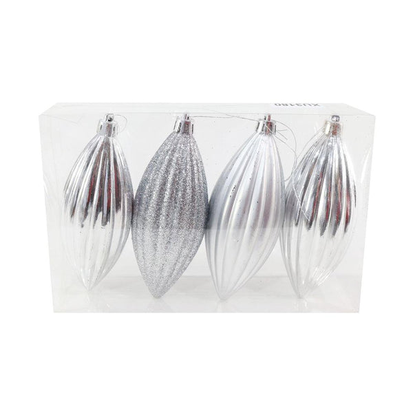 Festive Magic Olive Shaped Silver Baubles | Pack of 4 - Choice Stores