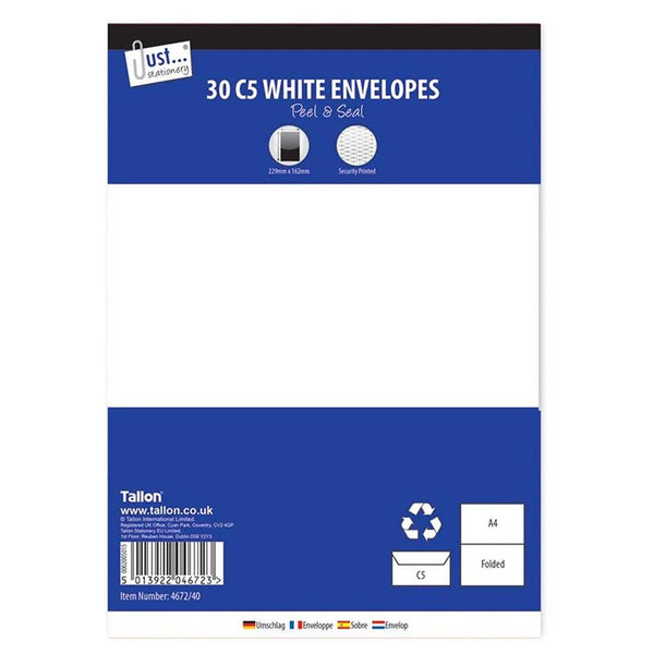 Just Stationery C5 White Peel & Seal Envelopes | Pack of 30 - Choice Stores