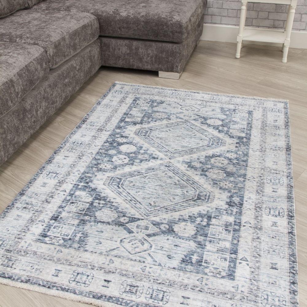 Modena Giza Blue Cream Rug | Modern Distressed Design - Choice Stores