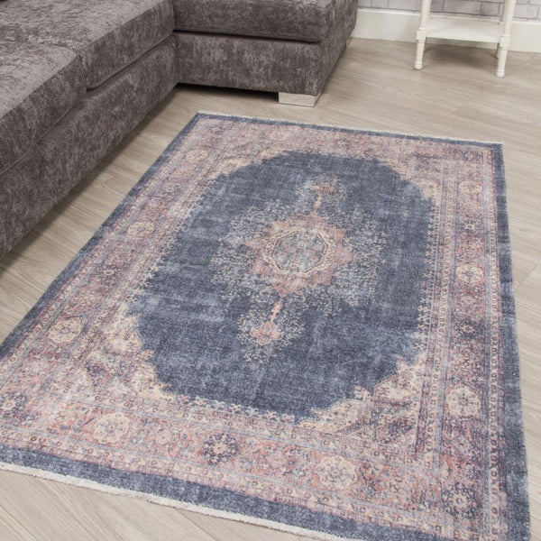 Modena Hamadan Navy Pink Rug | Modern Distressed Design - Choice Stores