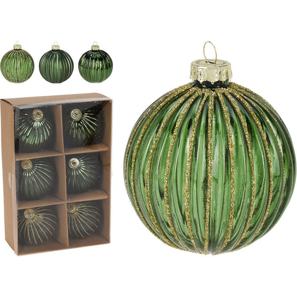 Premium Green & Glitter Ribbed Christmas Bauble Set | Pack of 6 - Choice Stores