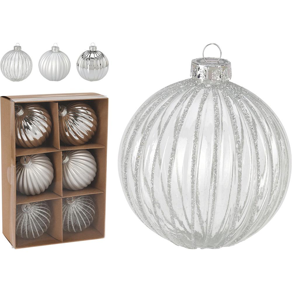 Premium Silver & Glitter Ribbed Christmas Bauble Set | Pack of 6 - Choice Stores