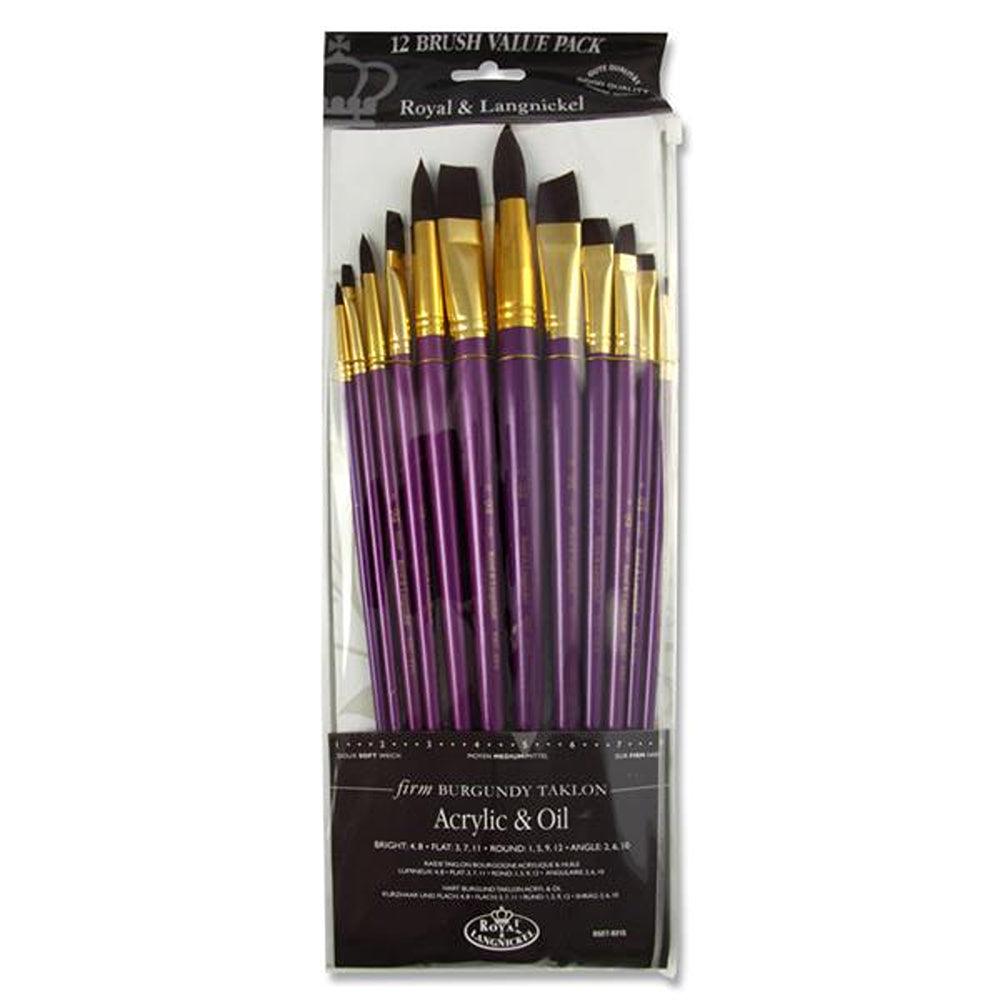 Royal & Langnickel Acrylic & Oil Long Handle Burgundy Taklon Firm Brush Set | 12 Piece Set - Choice Stores