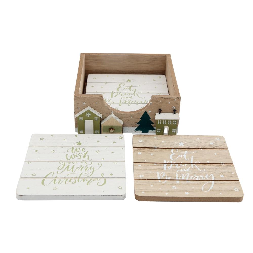 Wooden Christmas Scene Coasters with Holder | Set of 4 - Choice Stores